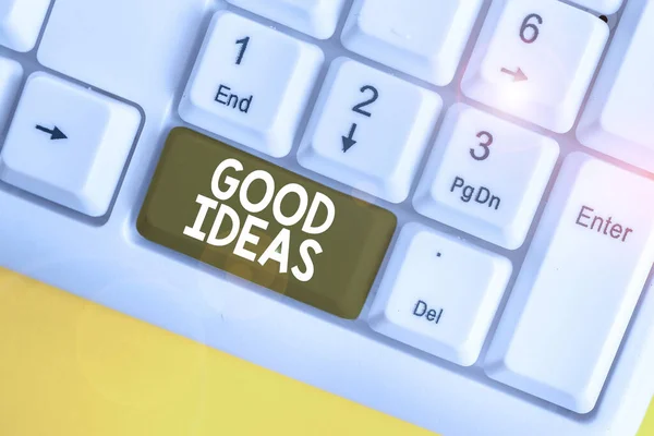Word writing text Good Ideas. Business concept for nice formulated thought or opinion Best possible course of action White pc keyboard with empty note paper above white background key copy space. — Stok fotoğraf