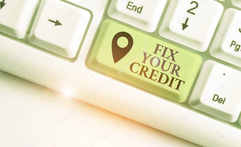 Writing note showing Fix Your Credit. Business photo showcasing Keep balances low on credit cards and other credit.