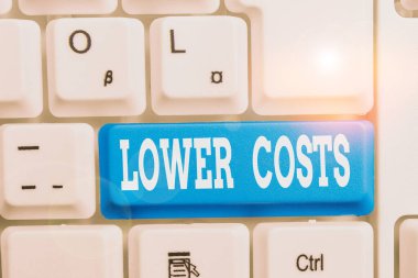 El yazısı yazarlığı düşük maliyetli. Konsept iş düşük fiyat belirler beyaz arkaplan anahtar alanı üzerinde boş not kağıdı ile analizsiz beyaz pc klavye.