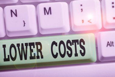 El yazısı yazarlığı düşük maliyetli. Konsept iş düşük fiyat belirler beyaz arkaplan anahtar alanı üzerinde boş not kağıdı ile analizsiz beyaz pc klavye.