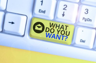 Kelime yazma metni. Ne istiyorsun? Soru. Beyaz arkaplan anahtarının üzerinde boş not kağıdı olan beyaz pc klavyeli bir şeyi tanıtmak ya da yazmak için iş konsepti