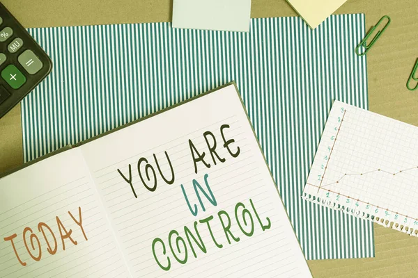 El yazısı: "Kontroldesin". Durum Yönetimi 'nin sorumluluğu anlamına gelen kavram. Çizgili karton defter, karton ofis çalışma kağıtları.. — Stok fotoğraf
