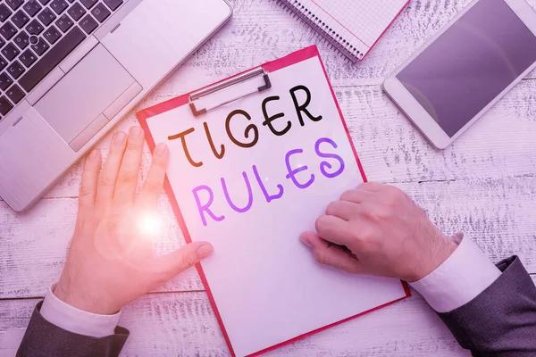 Word writing text Tiger Rules. Business concept for Willpower and demonstratingal strength Resistance to imperial rule Hand hold writing equipment tool near modern high technology laptop device. — Stock Photo, Image