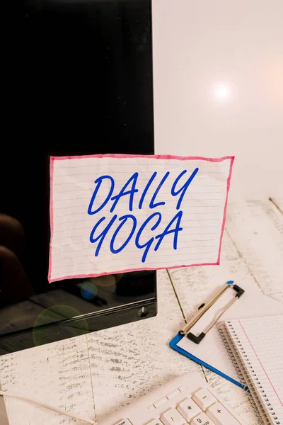 Text sign showing Daily Yoga. Conceptual photo series of Yoga workouts to train different parts of your body Note paper taped to black computer screen near keyboard and stationary. — Stock Photo, Image