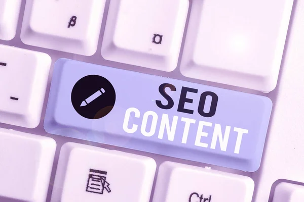 Handschrifttekst Seo Content. Concept betekent het creëren van inhoud die webpagina 's helpt om hoog te scoren op zoek. — Stockfoto