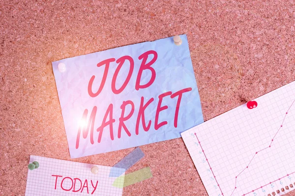 Textová značka ukazující Job Market. Konceptuální foto skupina jednotlivců hledajících zaměstnání v rámci hospodářství Corkboard barva velikost papíru pin připínáček připínáček list billboard oznámení. — Stock fotografie