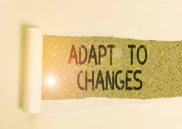 Conceptual hand writing showing Adapt To Changes. Business photo showcasing Embrace new opportunities Growth Adaptation progress Cardboard which is torn placed above a wooden classic table. — Stock Photo, Image