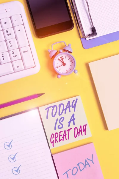 Writing note showing Today Is A Great Day. Business photo showcasing Enjoying the moment great weather Having fun White paper with copy space with paper clips clock and pc keyboard. — Stock Photo, Image