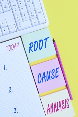 Text sign showing Root Cause Analysis. Conceptual photo Method of Problem Solving Identify Fault or Problem Empty papers with copy space on the yellow background table.
