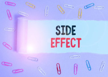 Conceptual hand writing showing Side Effect. Business photo showcasing typically undesirable effect of a drug or medical treatment Paper clip and torn cardboard on wood classic table backdrop. clipart