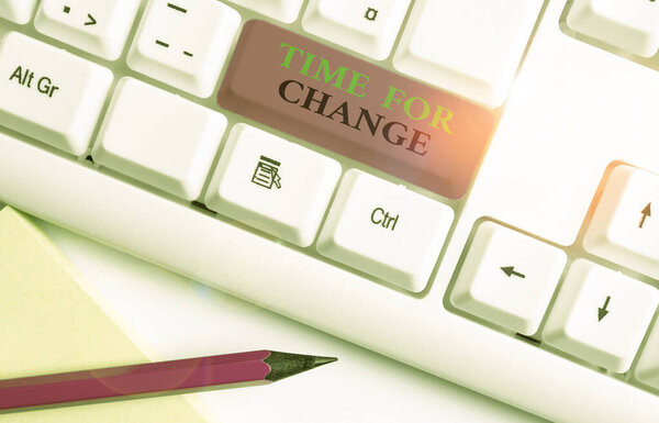 Writing note showing Time For Change. Business photo showcasing Changing Moment Evolution New Beginnings Chance to Grow White pc keyboard with note paper above the white background.