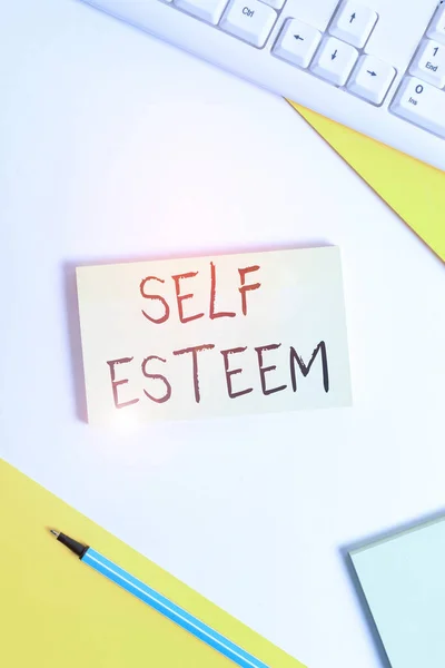 Text sign showing Self Esteem. Conceptual photo a feeling of having respect for yourself and your abilities Flat lay above table with pc keyboard and copy space paper for text messages.