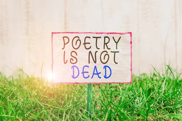 Text sign showing Poetry Is Not Dead. Conceptual photo aesthetic and rhythmic writing is still alive and modern Crumpled paper attached to a stick and placed in the green grassy land.
