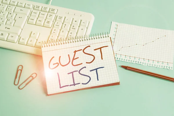 Conceptual hand writing showing Guest List. Business photo showcasing a list of showing who are allowed to enter the show or an event Paper blue keyboard office study notebook chart numbers memo.