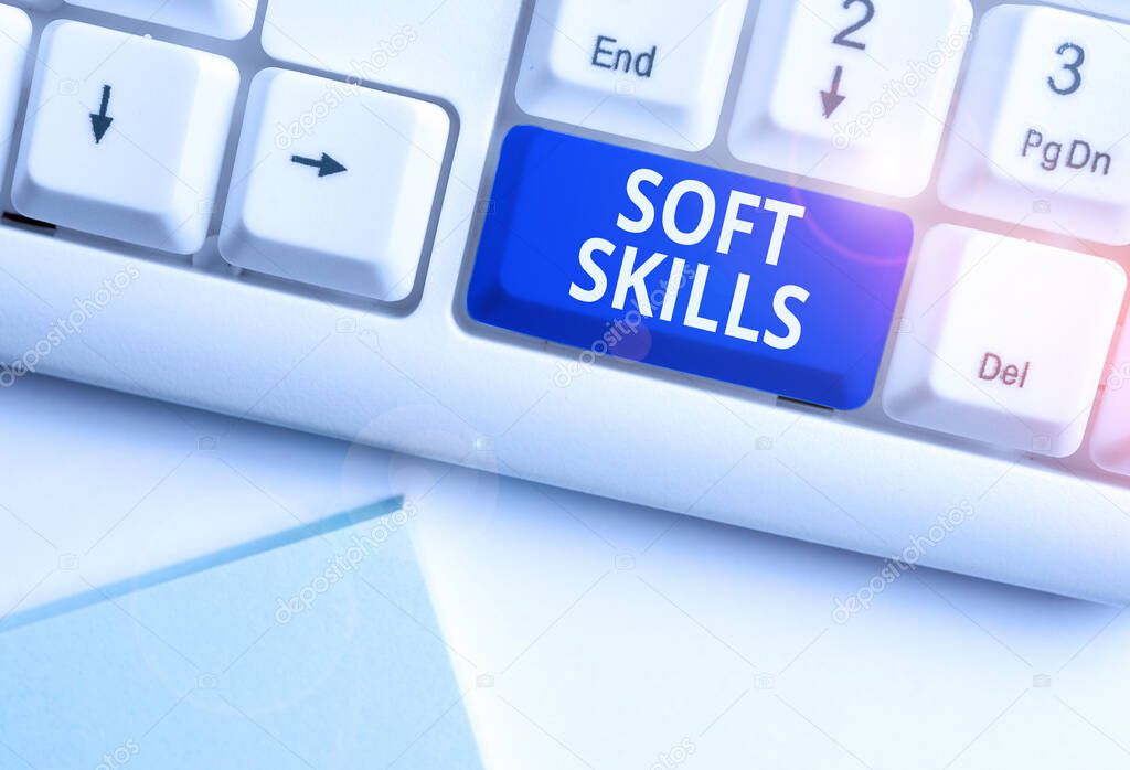 Conceptual hand writing showing Soft Skills. Business photo text demonstratingal attribute that supports situational awareness White pc keyboard with note paper above the white background.