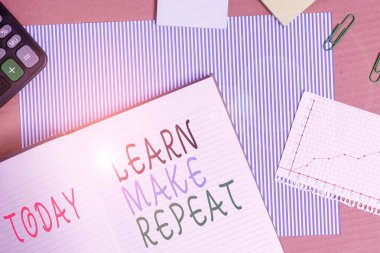 Handwriting text writing Learn Make Repeat. Concept meaning Once you do it will be easy fast learner fix mistakes Striped paperboard notebook cardboard office study supplies chart paper.