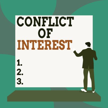 Conceptual hand writing showing Conflict Of Interest. Business photo text disagreeing with someone about goals or targets Back view Man dressed standing platform facing blank rectangle.