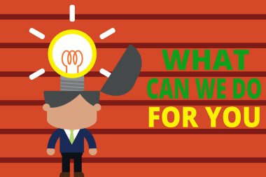 Kelime yazma metni. Sizin için ne yapabiliriz? Hizmetinizde olmak için iş konsepti. Bir iyilik yapın ya da başarılı bir adam kravatı takın. Parlak yenilikçi çözümler üretin..