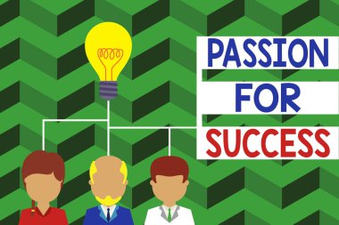 Kelime yazma metni Başarı Tutkusu. Hevesli Hevesli Motivasyon Ruh Etiği Grubu üç yöneticinin fikir ikonunu paylaştığı iş konsepti. Başlangıç takımı toplantısı.