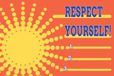 El yazısı, kendine saygı göster. Kavram, sana iyi davranılmasına ve iyi davranılmasına inanmaktır. Noktalı tünel simülasyonu güneş parlıyor. Soyut fütüristik. Çizgi Roman Arkaplanı.