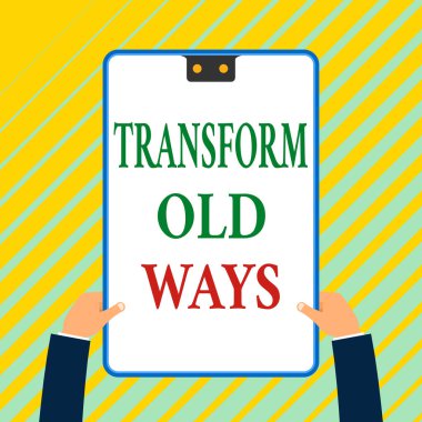 Eski Yöntemleri Dönüştüren Not Yazılıyor. Ticari fotoğraf gösterimi onu yeni yöntemlerle değiştirin. Yeni çözümler. Mavi çerçeveli beyaz dikdörtgen pano, elle tutulan iki deliğe sahiptir..