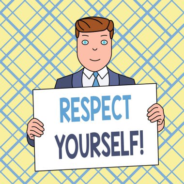 Kendine Saygı Duyduğunu gösteren bir not yazıyorum. İş fotoğraflarında size iyi davranıldığına ve iyi davranıldığına inanılıyor. Gülümseyen Adam, Takım Elbise Posterini Önünde tutuyor..