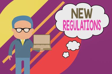 Handwriting text writing New Regulations question. Concept meaning rules made government order to control way something is done Standing man in suit wearing eyeglasses holding open laptop photo Art.