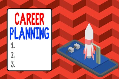 Kelime yazma Kariyer Planlama. Stratejik olarak kariyer hedeflerinizi ve iş başarılarınızı planlamak için roket fırlatmaya hazır akıllı telefon. Başlangıç müzakereleri başlayacak.