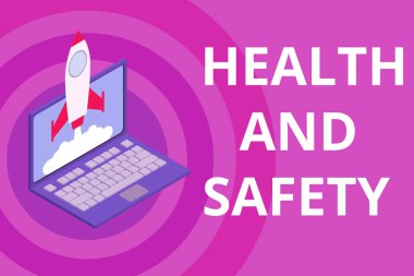 Handwriting text Health And Safety question. Concept meaning regulations and procedures intended to prevent accident Rocket launching clouds laptop background. Startup project growing. SEO.