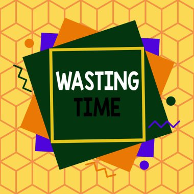 Zaman israfını gösteren mesaj işareti. Gereksiz bir şey yaparak zaman harcamanın kavramsal fotoğraf eylemi Asimetrik düzensiz biçim şekli nesne ana hatları çok renkli tasarım.