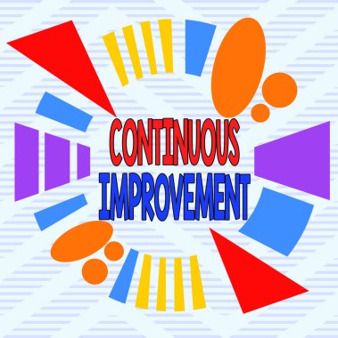 Word writing text Continuous Improvement. Business concept for ongoing effort to improve products or processes Asymmetrical uneven shaped format pattern object outline multicolour design. clipart