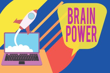 Word writing text Brain Power. Business concept for Ability to comprehend To understand and profit from experience Successful rocket launching clouds out laptop background. Startup growing.