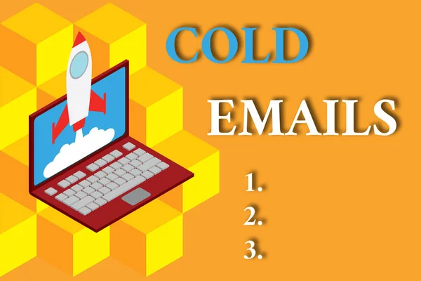 Word writing text Cold Emails. Business concept for unsolicited email sent to a receiver without prior contact Rocket launching clouds laptop background. Startup project growing. SEO.