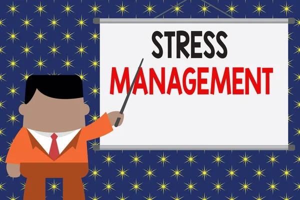 Handwriting text Stress Management. Concept meaning method of limiting stress and its effects by learning ways Businessman standing in front projector screen pointing project idea.