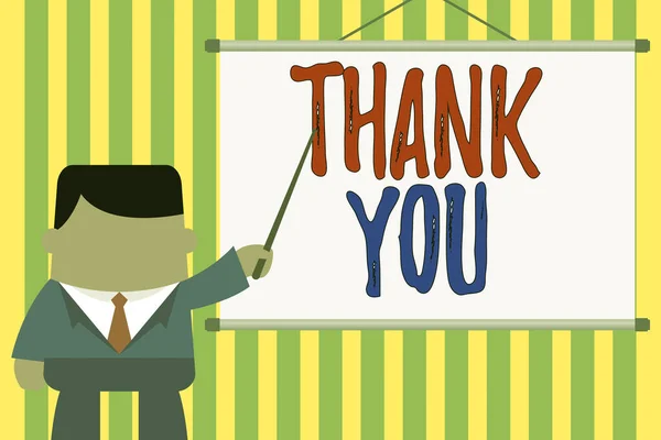 Word writing text Thank You. Business concept for a polite expression used when acknowledging a gift or service Businessman standing in front projector screen pointing project idea. — Stock Photo, Image