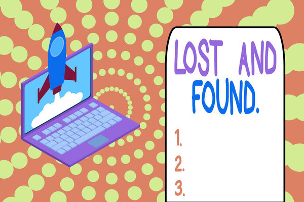 Word writing text Lost And Found. Business concept for a place where lost items are stored until they reclaimed Rocket launching clouds laptop background. Startup project growing. SEO.