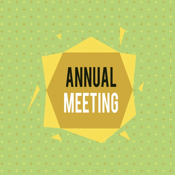 Text sign showing Annual Meeting. Conceptual photo yearly meeting of the general membership of an organization Asymmetrical uneven shaped format pattern object outline multicolour design.