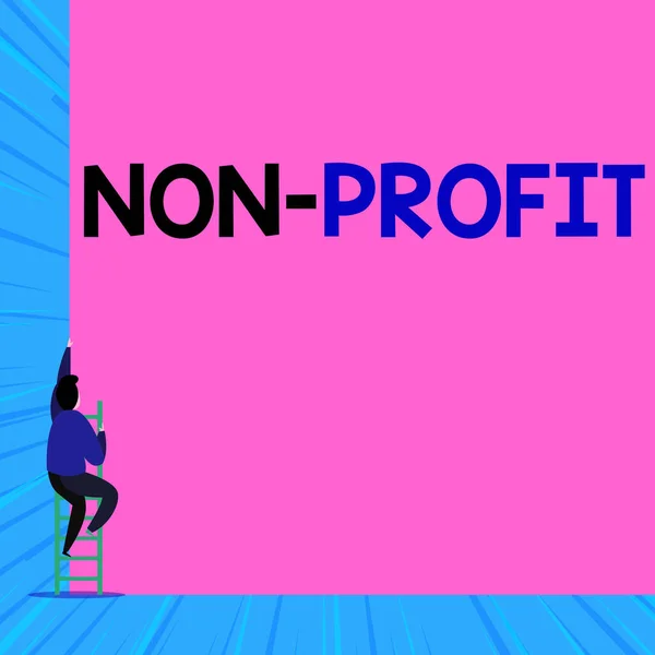 Text sign showing Non Profit. Conceptual photo type of organization that does not earn profits for its owners Back view young man climbing up staircase ladder lying big blank rectangle.