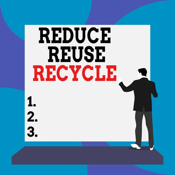 Conceptual hand writing showing Reduce Reuse Recycle. Business photo text ways can eliminate waste protect your environment Back view Man dressed standing platform facing blank rectangle. — Stock Photo, Image