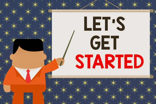 Tekst pisma Let S Is Start. Koncepcja oznaczająca rozpoczęcie lub rozpoczęcie pracy nad czymś, co zapoczątkowałeś Biznesmen stojący na przednim ekranie projektora wskazując pomysł na projekt. — Zdjęcie stockowe