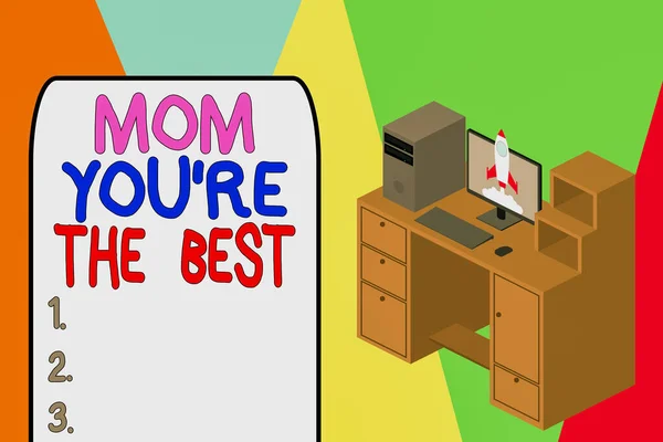 Слова пишуть "Мама, ти найкраща". Бізнес-концепція для вдячності вашій матері любить комплімент робочої станції Ящики персональний комп'ютер запускає ракетні хмари. — стокове фото