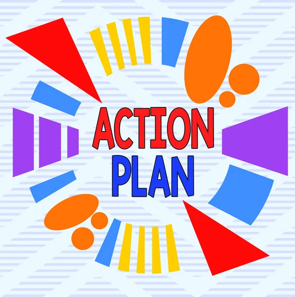 Word writing text Action Plan. Business concept for detailed plan outlining actions needed to reach goals or vision Asymmetrical uneven shaped format pattern object outline multicolour design.