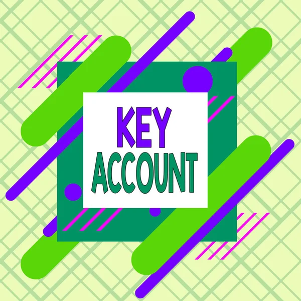 Writing note showing Key Account. Business photo showcasing individual approach of sales showing to their customers Asymmetrical format pattern object outline multicolor design. — Stock Photo, Image