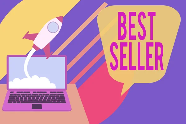 Word scrittura testo Best Seller. Business concept per il nuovo libro o altro prodotto che ha venduto un gran numero di copie Razzo di successo lancio nuvole fuori sfondo portatile. Crescita delle startup . — Foto Stock