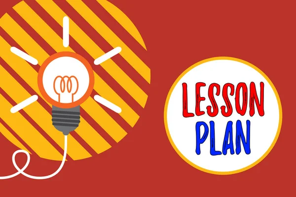 Text sign showing Lesson Plan. Conceptual photo a teacher s is detailed description of the course of instruction Big idea light bulb. Successful turning idea invention innovation. Startup.