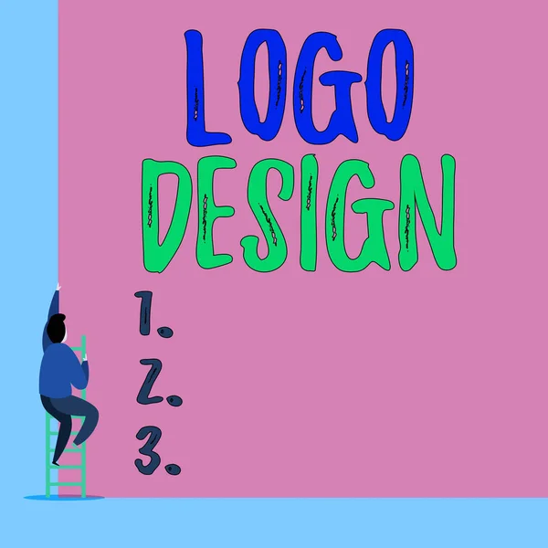 Texto de escritura a mano Logo Design. Concepto que significa una representación gráfica o símbolo del nombre de la empresa o marca comercial Vista posterior joven hombre subir escalera escalera acostado rectángulo en blanco grande . — Foto de Stock