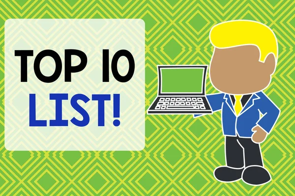 Handwriting text Top 10 List. Concept meaning the ten most important or successful items in a particular list Standing professional businessman holding open laptop right hand side.