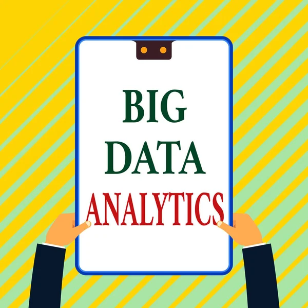 Nota di scrittura che mostra Big Data Analytics. Business photo showcase Il processo di esame di grandi e vari set di dati Appunti rettangolo bianco con cornice blu ha due fori tenuti a mano . — Foto Stock
