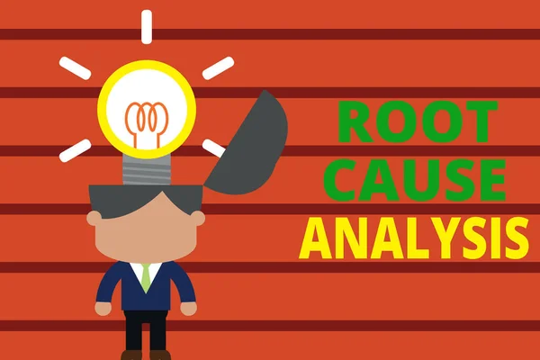 Texto de escritura de palabras Análisis de causa raíz. Concepto de negocio para el método de resolución de problemas Identificar Falla o Problema De pie hombre exitoso traje corbata surgir soluciones innovadoras brillantes . —  Fotos de Stock