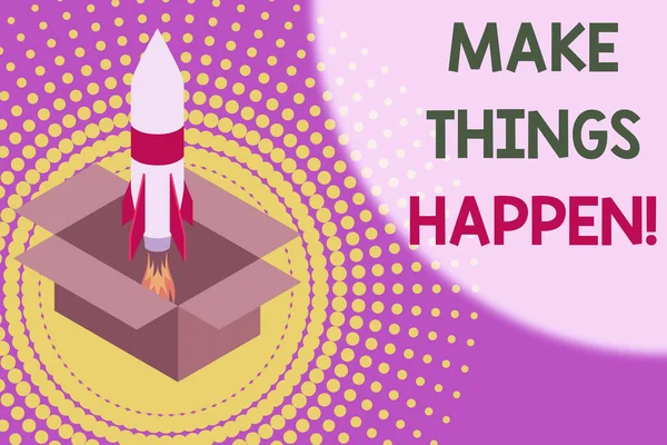 Text sign showing Make Things Happen. Conceptual photo you will have to make hard efforts in order to achieve it Fire launching rocket carton box. Starting up project. Fuel inspiration.